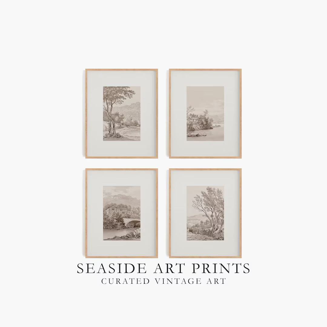 Countryside Gallery Set Set of Four, Vintage Landscape Sketch, Neutral Farmhouse Wall Art, Antiqu... | Etsy (US)