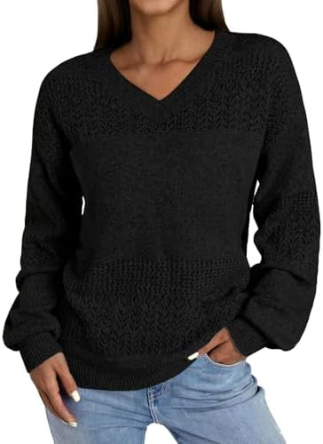NORACORA Women's V Neck Sweaters Crochet Soft Lightweight Knit Loose Pullover Sweater Long Sleeve... | Amazon (US)