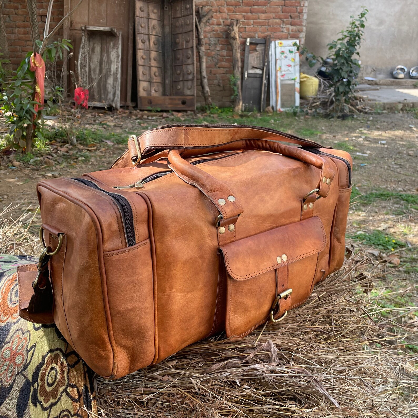 Handmade Personalized Leather Duffle Bag Brown/black/tan - Etsy | Etsy (US)