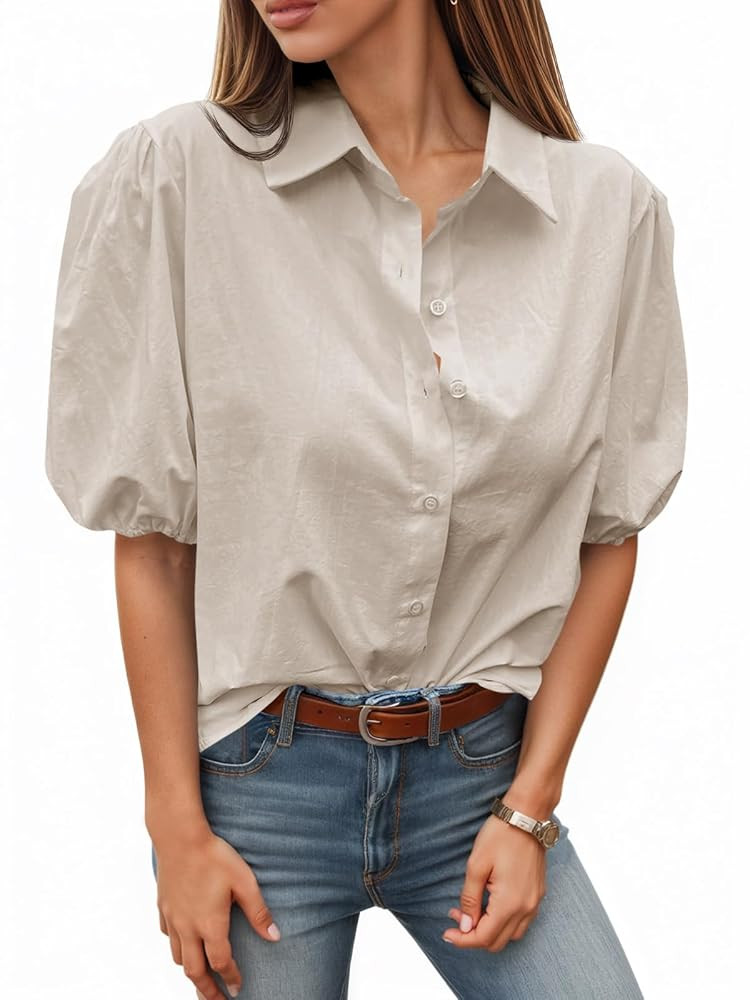 Tankaneo Women's Button Down Shirts Short Puff Sleeve Collared Dressy Casual Blouse Tops | Amazon (US)
