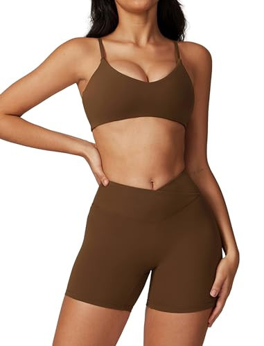 ABOCIW Workout Sets for Women V Neck Spaghetti Strap Sports Bras Crossover High Waist Biker Shorts 2 Piece Gym Yoga Outfits Matching Set Brown X-Large | Amazon (US)