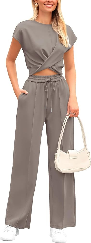 PRETTYGARDEN Women's Summer Two Piece Outfits Tracksuit Twist Front Crop Tops T Shirts Wide Leg P... | Amazon (US)