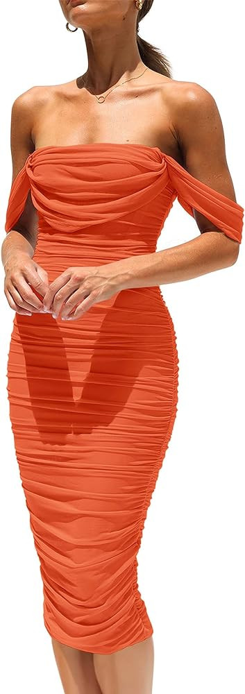 Amazon.com: PRETTYGARDEN Women's Summer Off The Shoulder Ruched Bodycon Dresses Sleeveless Fitted... | Amazon (US)