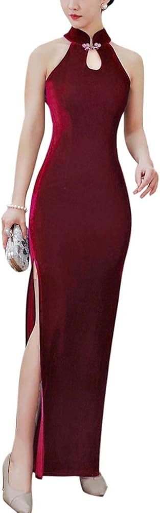 Women's Sleeveless Keyhole Cheongsam Maxi Dress Solid Velour Mandarin Collar Side Split Chinese Q... | Amazon (US)