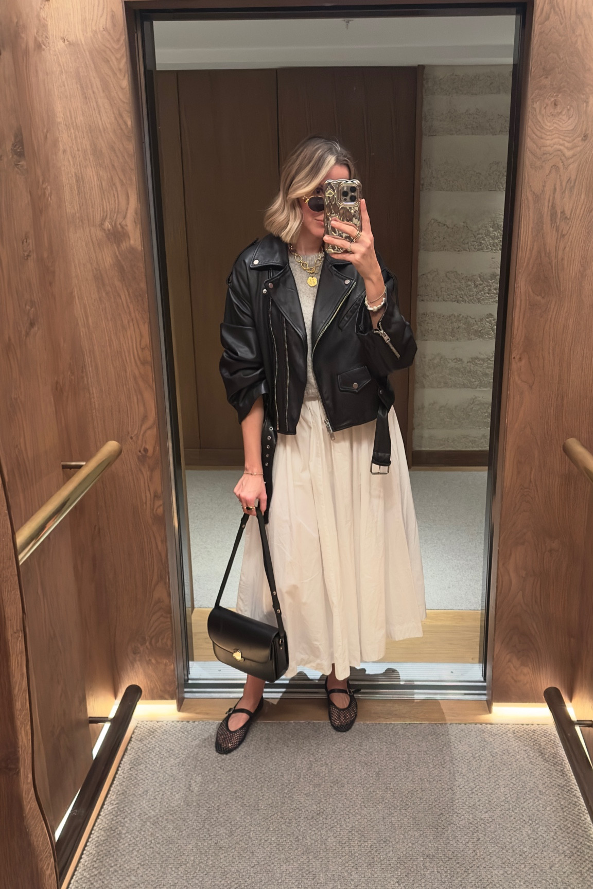 Leather jacket
Oversized leather jacket 
White maxi skirt dress
Mesh ballet flats

#LTKstyletip #LTKeurope #LTKfindsunder50