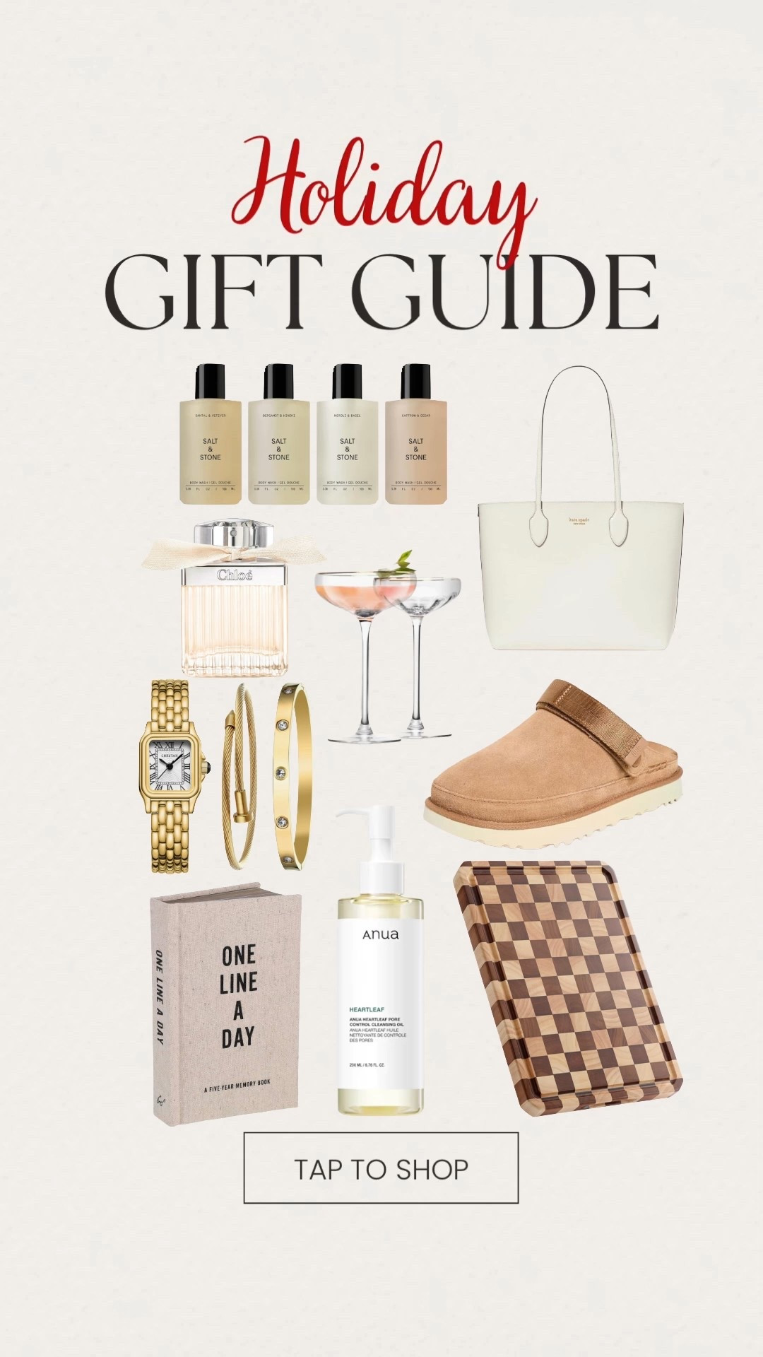 Holiday gift guide for her 🎁❤️🎄
All linked below, happy shopping !



#katespadepurse #goldwatch #goldbracelet #uggs #cuttingboard #koreanskincare #facewash #journal #wineglasses #martiniglasses #chloepurfume #perfume #bodywash #giftset #purse #christmasgift #giftsforher 

#LTKGiftGuide #LTKFindsUnder50 #LTKHoliday