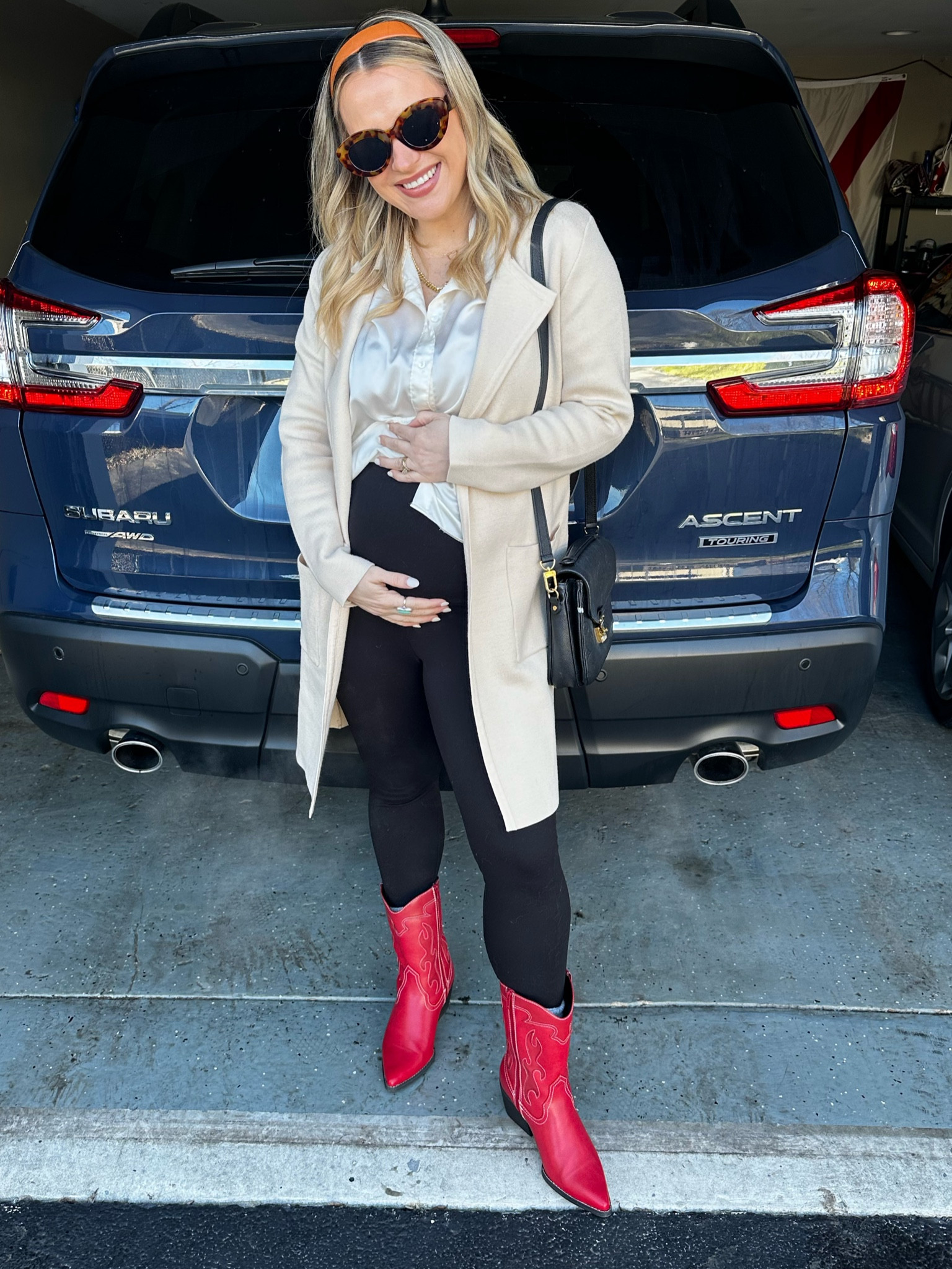 Todays outfit / leggings are maternity, wearing a medium in this shirt and coat / linked my red cowboy boots, headband, sunglasses and necklaces are all amazon finds #winteroutfit #maternity 

#LTKbump #LTKshoecrush #LTKfindsunder50