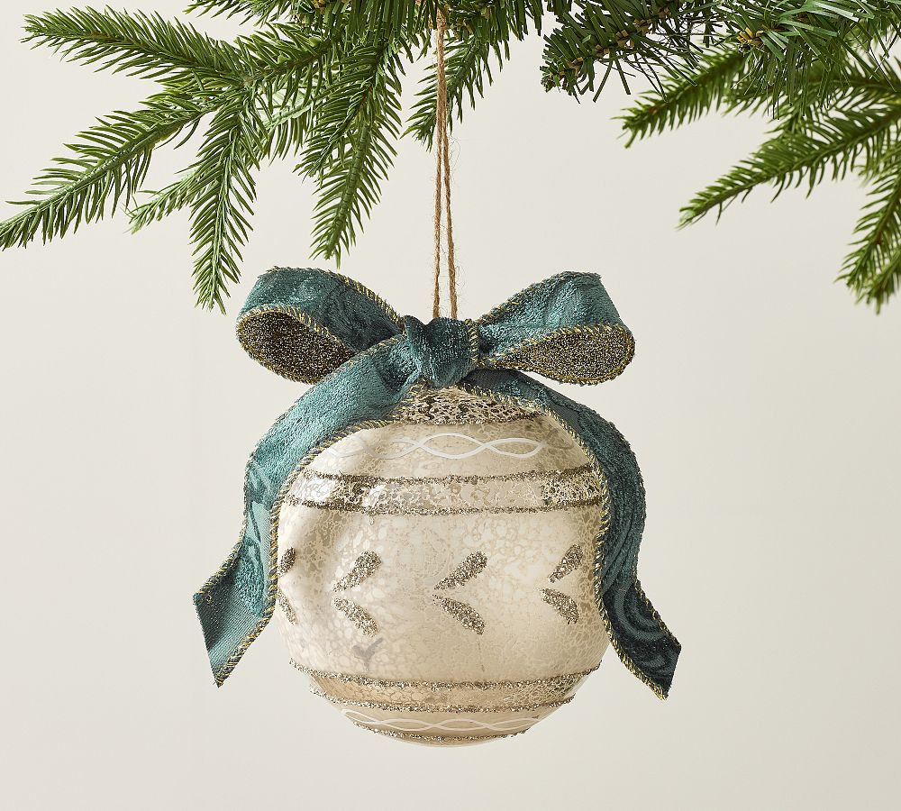 Ornate Glass Silver Mercury Ornament With Bow | Pottery Barn (US)