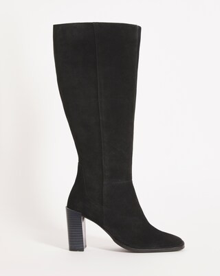 Mao Suede Square Toe Heeled Knee Boots Ex Wide Fit Standard Calf | Simply Be (UK)