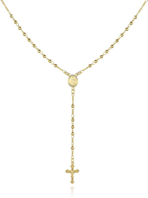 Barzel 18K Gold Plated Virgin Mary Rosary Bead Cross Necklace - Made In Brazil | Amazon (US)