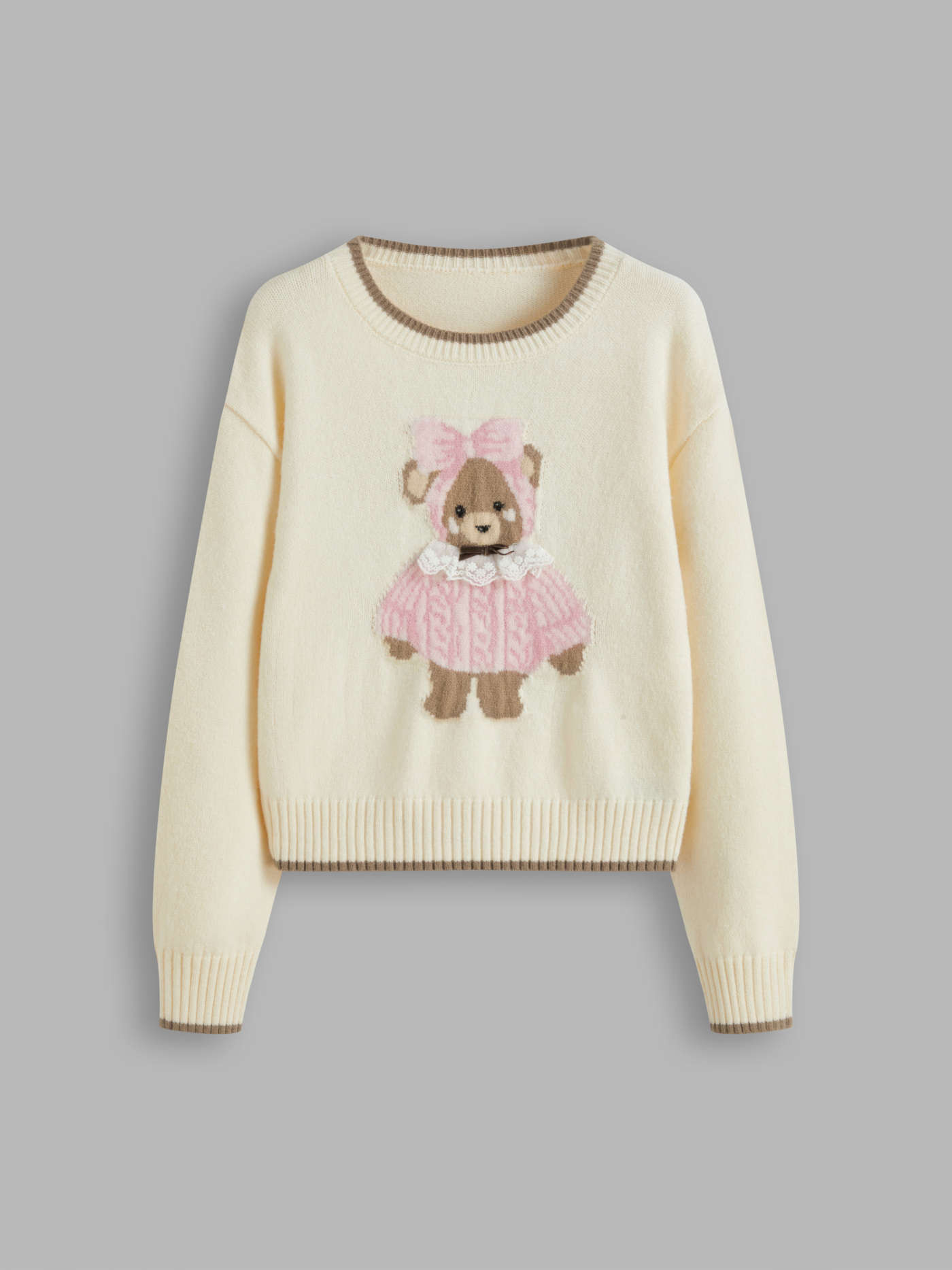Knit Fabric Knit Round Neckline Bear Contrasting Binding Sweater For School | Cider