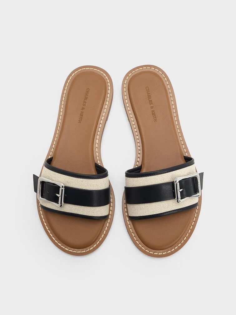 Chalk Linen Buckled Slide Sandals | CHARLES & KEITH | Charles & Keith US