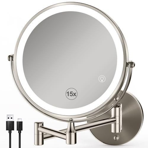 GREENFROM Magnifying Mirror with Lights 1x/15x: 8.5" Double Sided Wall Mounted Lighted Makeup Mirror for Bathroom, Brushed Nickel | Amazon (US)