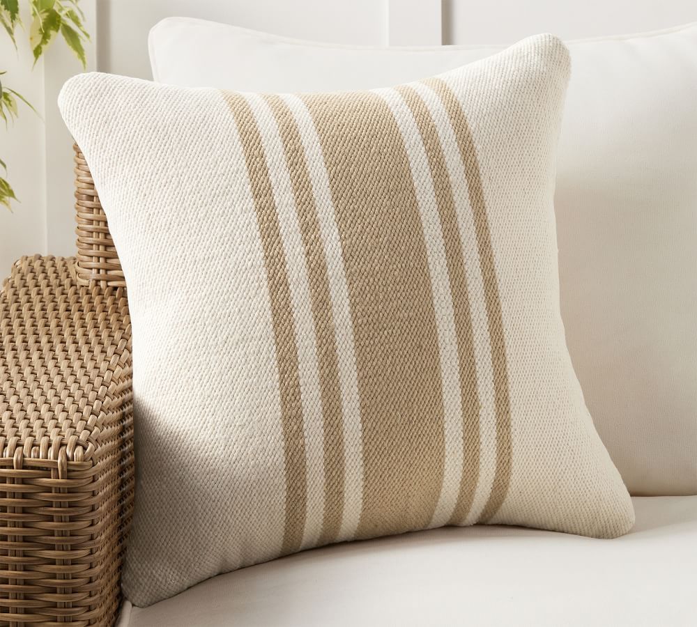 Modern Farmhouse Striped Indoor/Outdoor Pillow, 20&amp;quot; x 20&amp;quot;, Flax | Pottery Barn (US)