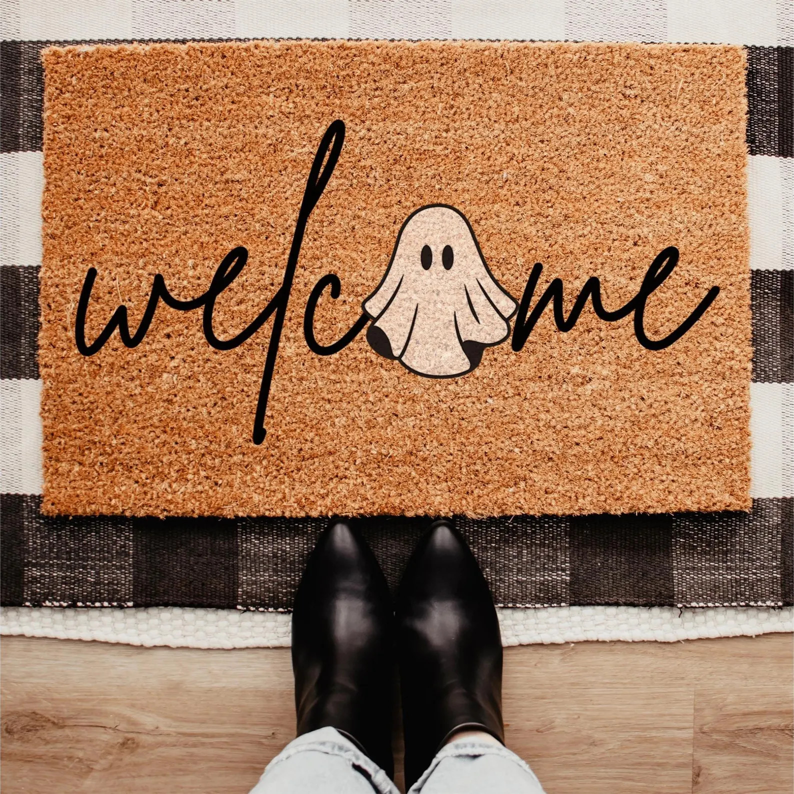 Ghost Welcome Halloween Doormat, Cute Spooky Door Mat, Fall Porch Decor Rug, Outdoor Ghost Mat, H... | Etsy (US)