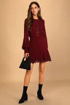 Lust or Love Wine Red Embroidered Lace Long Sleeve Dress | Lulus (US)
