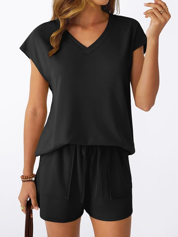 AUTOMET Women 2 Piece V Neck Matching Lounge Sets Clothing Spring Cap Sleeve Shirt and Shorts 202... | Amazon (US)