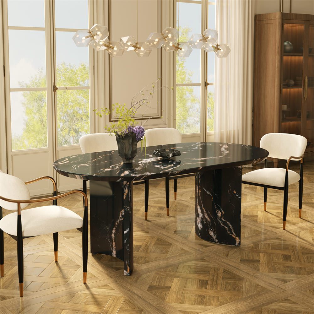 Black Oval Curved-Base Marble Dining Table Set for 6 | POVISON