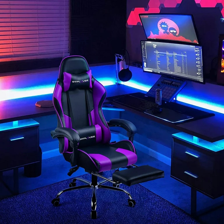 GTPLAYER Gaming Chair with Footrest and Ergonomic Lumbar Massage Pillow PU Recliner, Purple | Walmart (US)