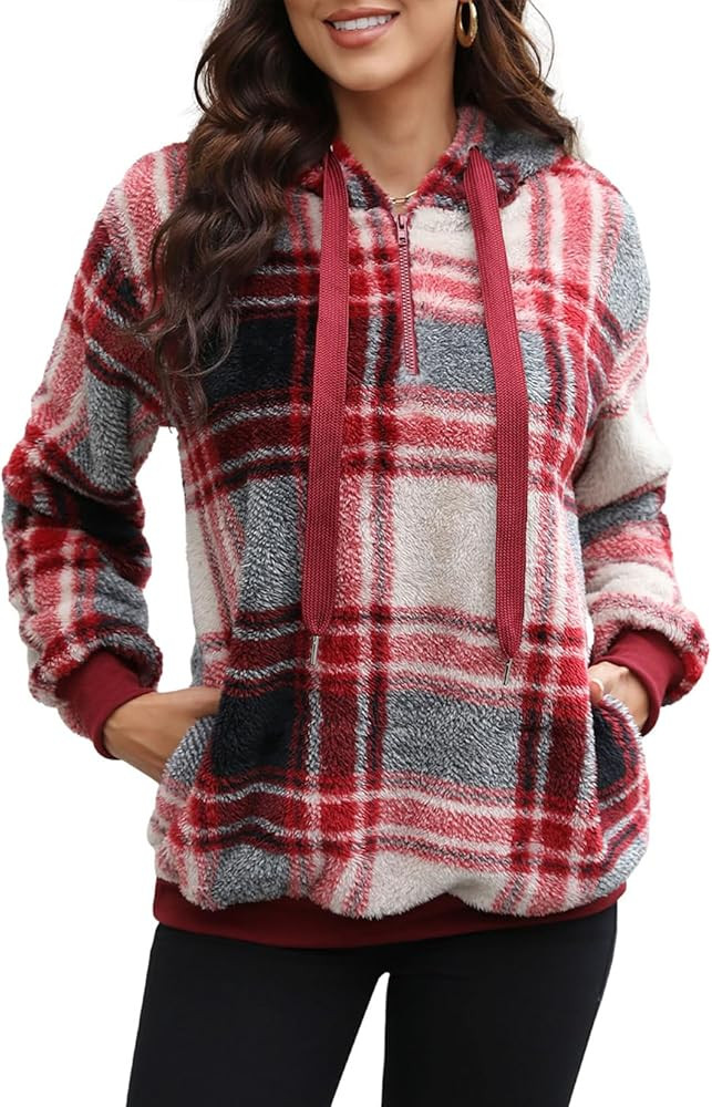 Nirovien Womens Sherpa Pullover Oversized Fuzzy Hoodie Double Fleece Sweatshirts Fluffy Plaid Out... | Amazon (US)