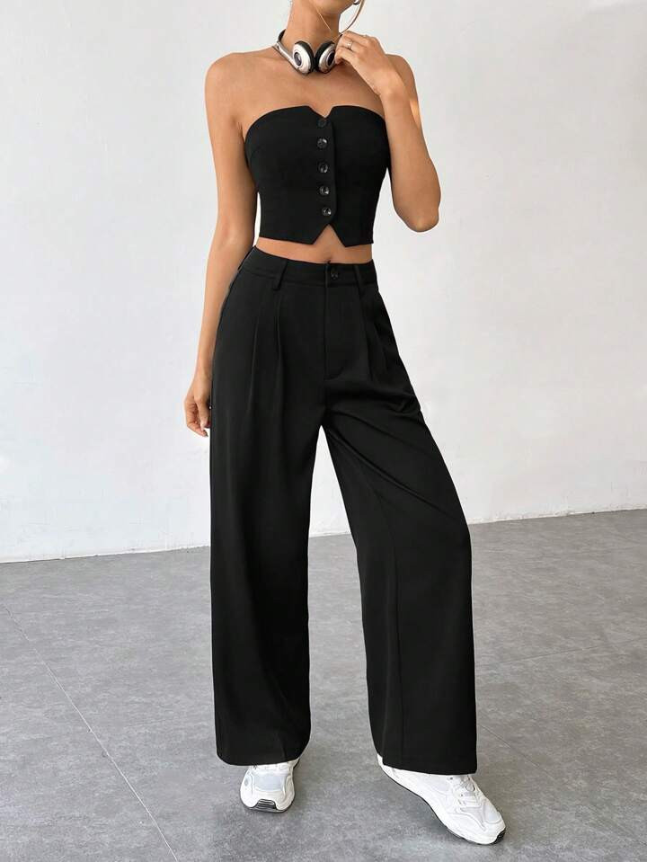 SHEIN EZwear Solid Color Strapless Top And Wide Leg Pants Two Piece Set | SHEIN