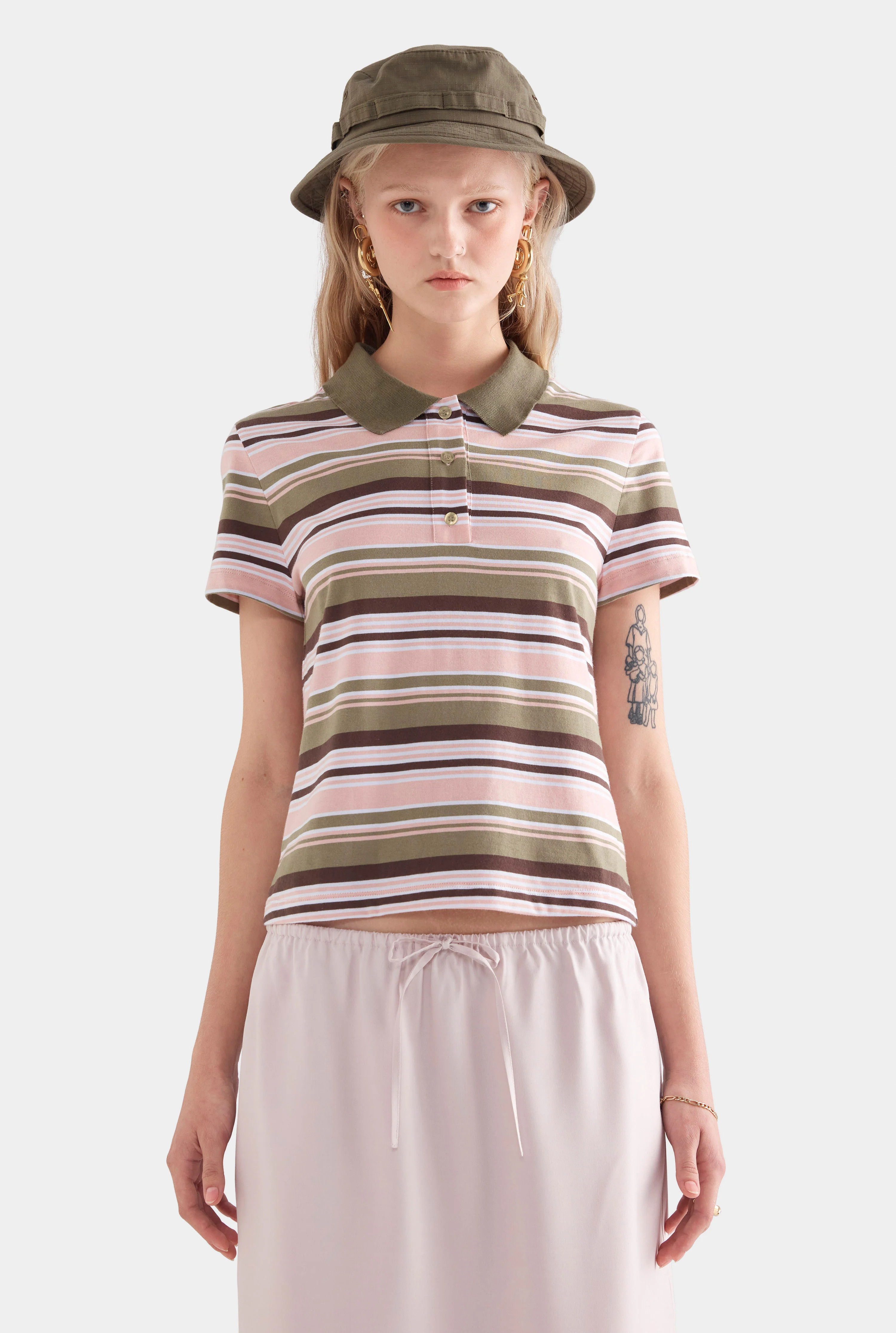 Womens Short Sleeve Polo in Sage/Clay/White Stripe | Venroy | Venroy AU