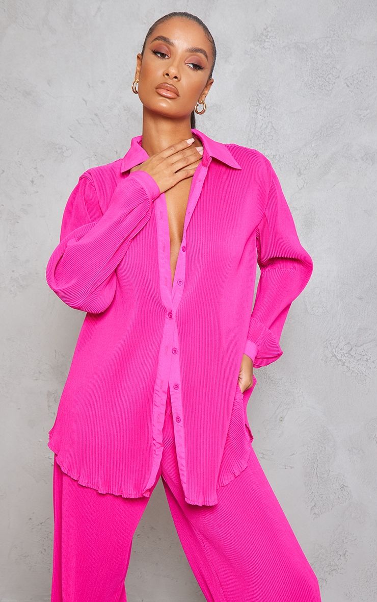 Hot Pink Plisse Button Front Oversized Shirt | PrettyLittleThing US