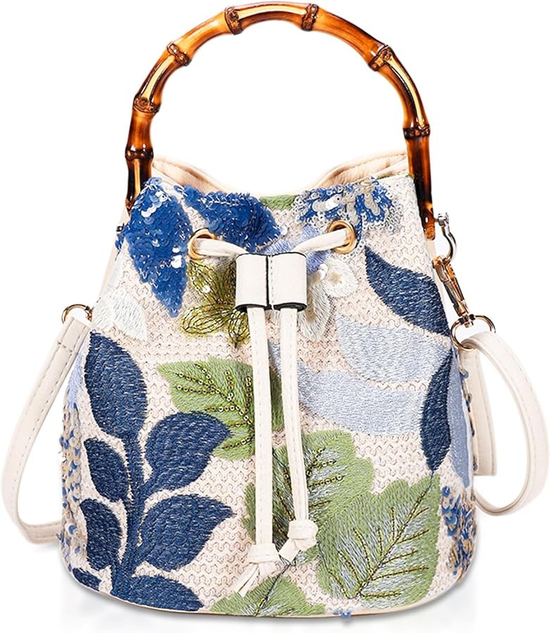 Crossbody Bags for Women, Beach Bag, Hand Embroidered Tot Bag, Natural Bamboo carry handle Bucket... | Amazon (US)