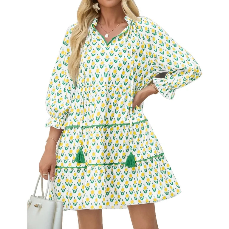 Floral Print Loose Long Sleeved Women V-neck Ruffle Tassel Mini Dress | Walmart (US)