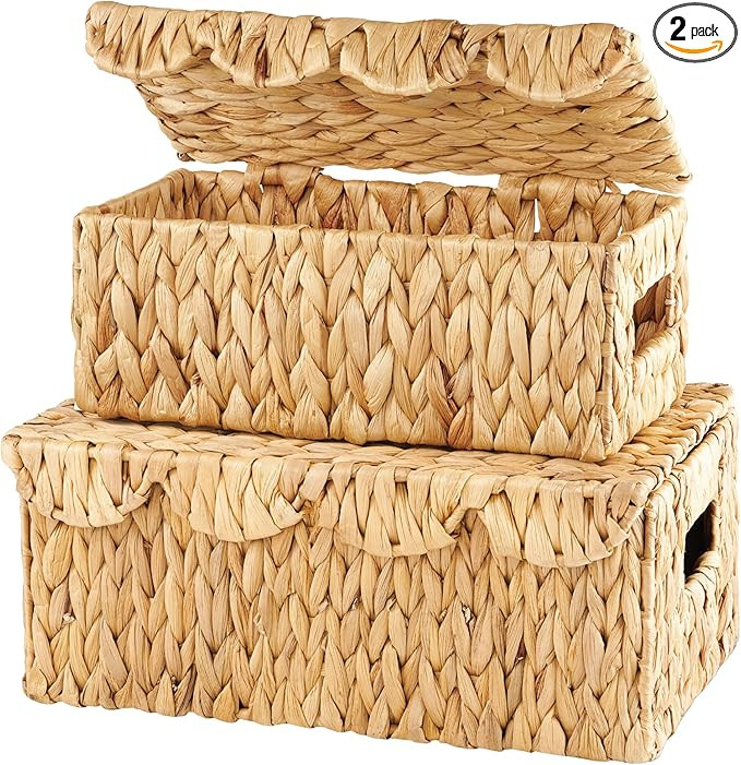 Set of 2 Scalloped Wicker Baskets with Lid - Woven Baskets with Lid - Rattan Storage Box - Woven ... | Amazon (US)