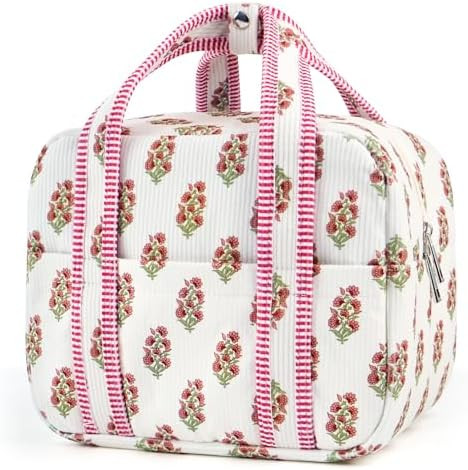 Aesthetic Corduroy Insulated Lunch Bag for Women, Floral Block Print Lunch Box with Pocket, Spaci... | Amazon (US)