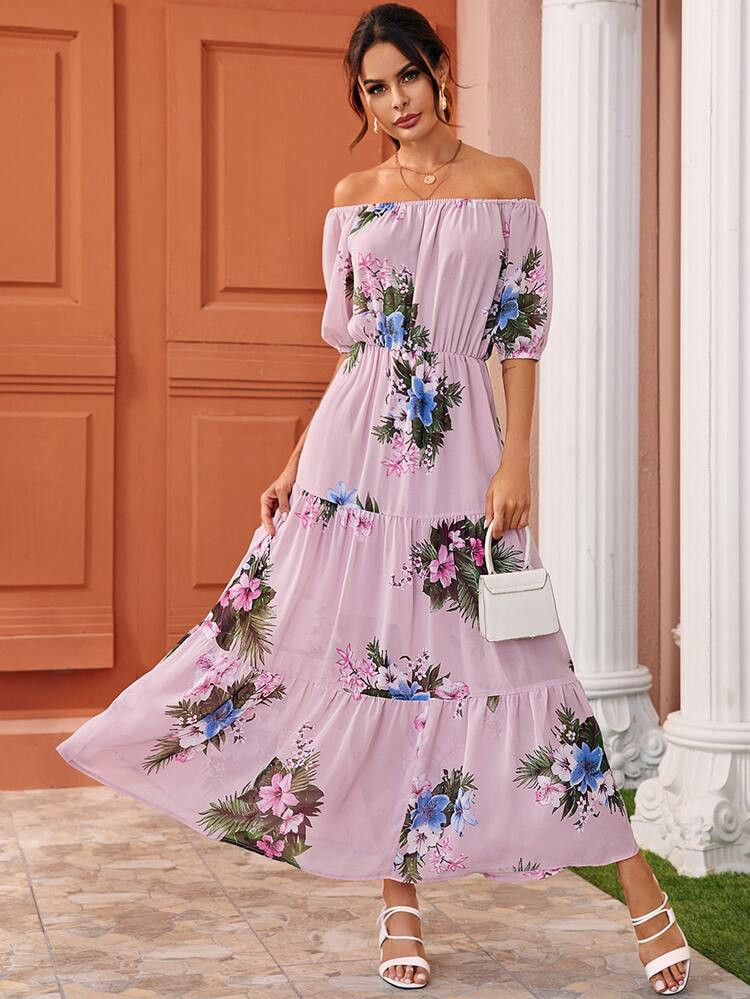 Chiffon Floral Print Ruffle Hem Bardot Dress | SHEIN