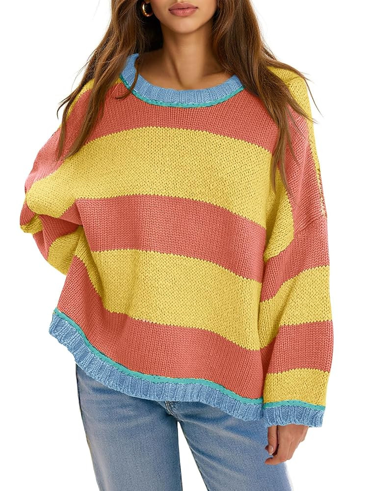 Fisoew Womens Oversized Sweaters Casual Long Sleeve Striped Color Block Crewneck Knitted Loose Fa... | Amazon (US)