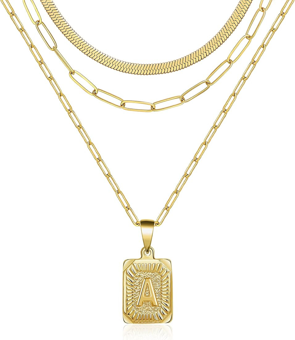 Dainty Layered Initial Necklaces for Women, 18K Gold Plated Paperclip Chain Necklace Simple Cute ... | Amazon (US)