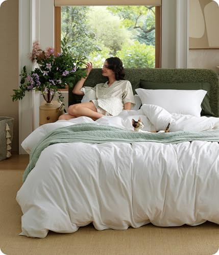 Bedsure 100% Washed Cotton Duvet Cover Queen Size - Natural White Minimalist Bedding Set Linen Li... | Amazon (US)