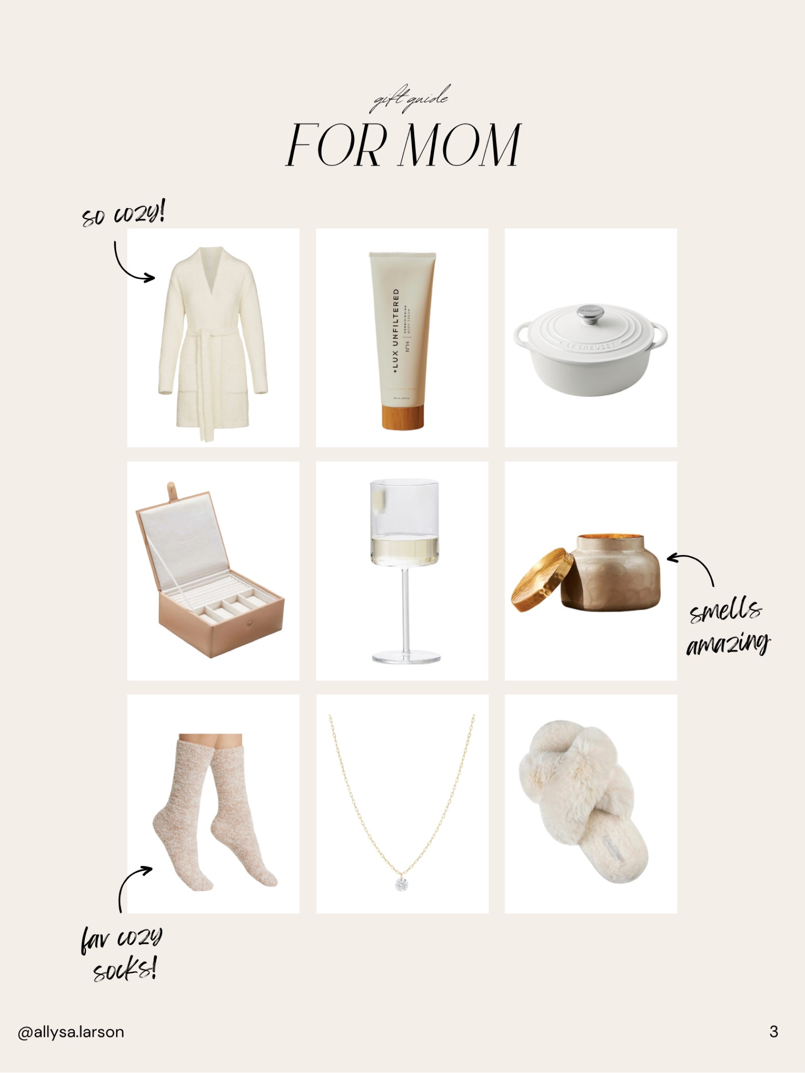 Gift guide for mom, robe, lotion, oven pan, jewelry box, wine glass, fuzzy socks, candle, jewelry, slippers

#LTKfindsunder100 #LTKGiftGuide #LTKHoliday