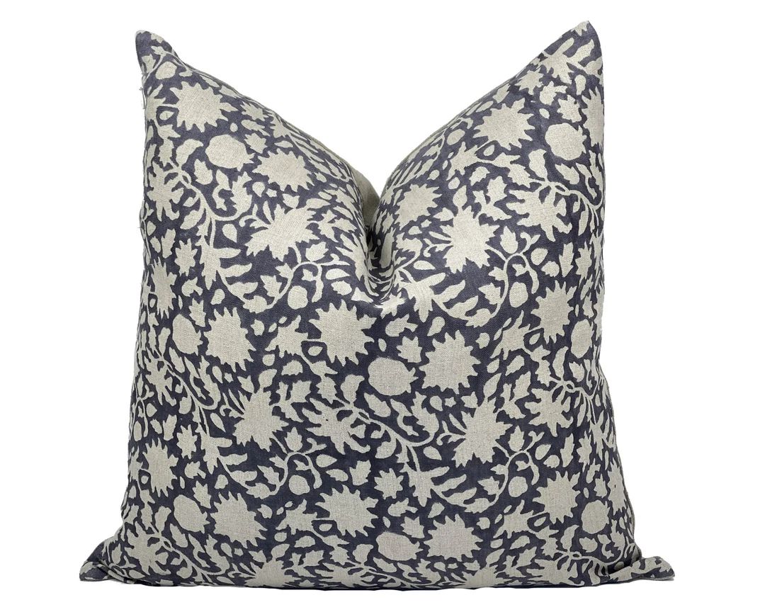 AMARA | Designer Indigo Linen Pillow Cover, Block Print Pillow, Farmhouse Pillow, Dark Blue Pillo... | Etsy (US)