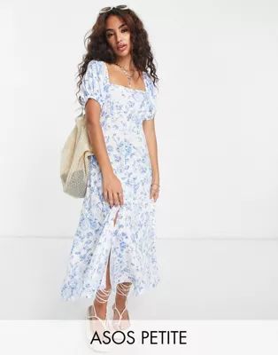 ASOS DESIGN Petite cupped button up midi tea dress in blue rose | ASOS (Global)