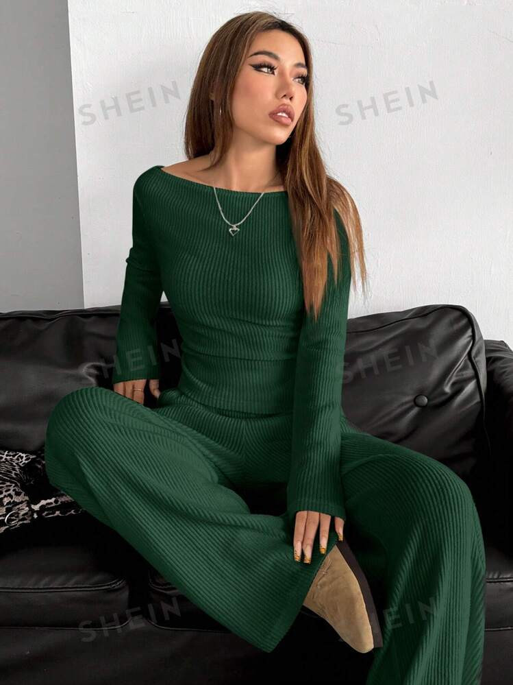 SHEIN EZwear Olive Green Knit Long Sleeve And Pants Women Bodysuit Set | SHEIN USA | SHEIN