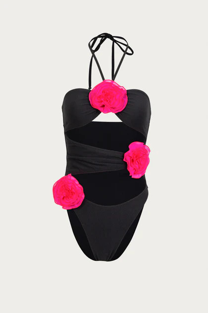 Rose Cut Out One Piece (Faux Suede Black/Fuchsia) | SAME