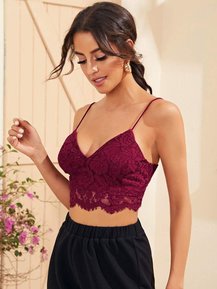 SHEIN Exposed Zipper Back Lace Overlay Bralette Top | SHEIN