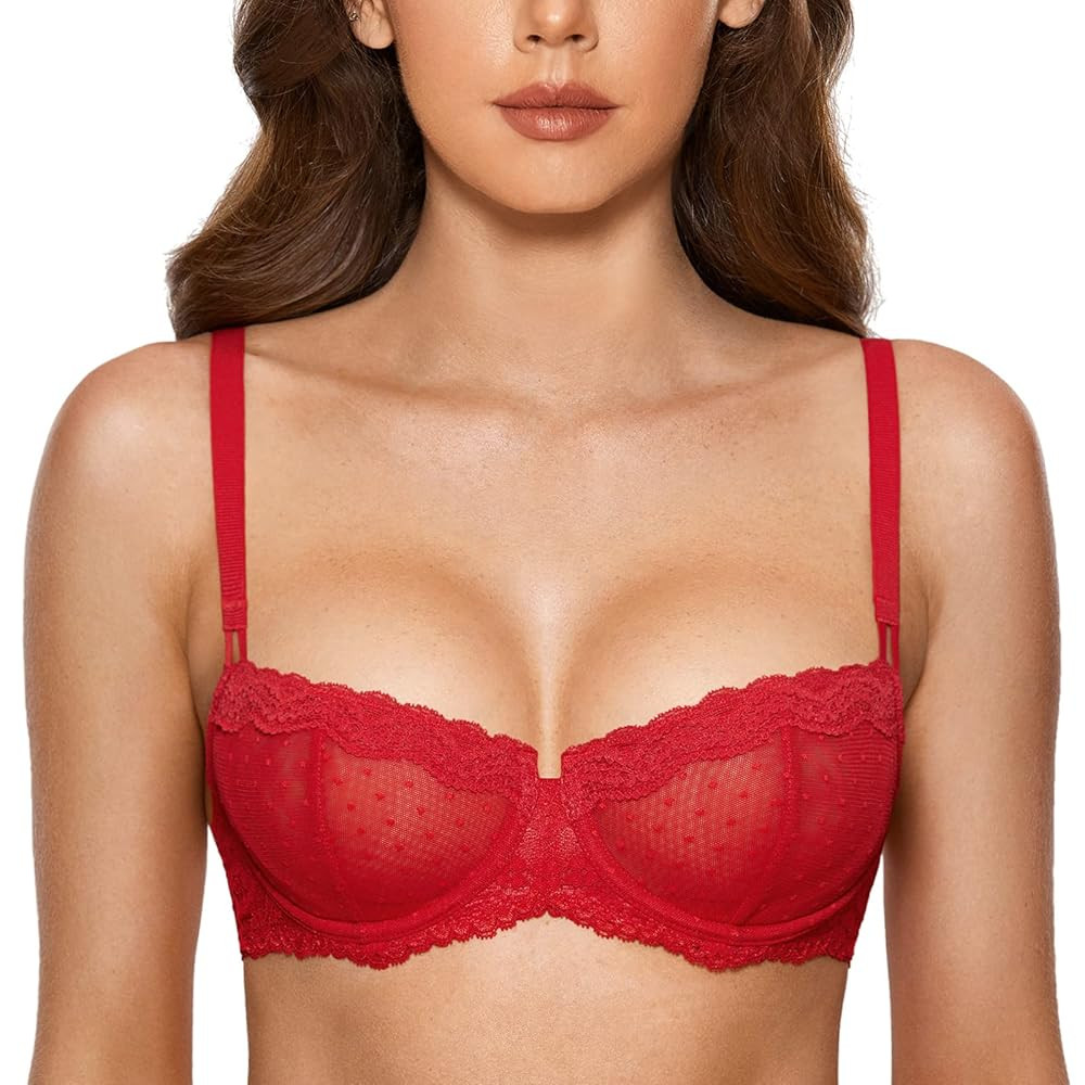 DOBREVA Women's Sexy Lace Bra Underwire Balconette Unlined Demi Sheer Plus Size | Amazon (US)