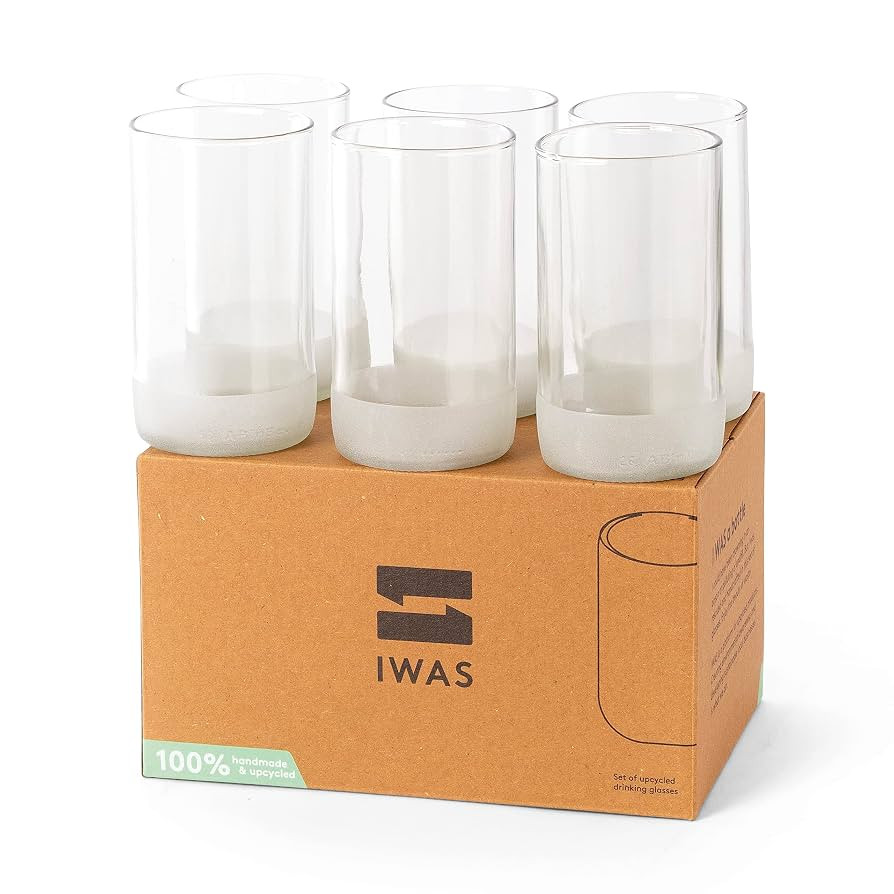 IWAS Upcycled Tall Clear Drinking Glasses | 350 ML | 12 OZ | Set of 6 | Sustainable Water and Coc... | Amazon (US)