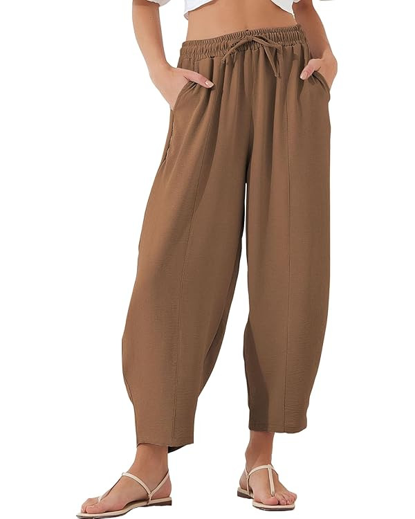 EVALESS Women's Summer High Waisted Baggy Pants Casual Ankle Length Trouser Slacks with Pockets | Amazon (US)