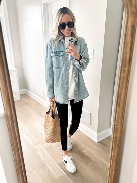 Target Denim Shacket ✨An everyday outfit idea! 🫶🏻 Loving this oversized boyfriend shirt in light wash for spring! Such a versatile layer! Wearing xs, runs large. The basic tee comes in lots of colors and is a go-to of mine- wearing small! The leggings are the best lulu align look for less! Wearing small-fit tts. 

Target fashion, spring outfit, casual outfit, travel outfit, errands outfit 


#LTKfindsunder50 #LTKstyletip #LTKxTarget