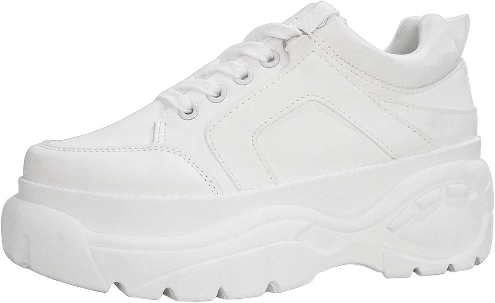 LUCKY-STEP Womens Chunky Sneakers - Classic Athletic Sports Walking Shoes with Lace Up Platform Leat | Amazon (US)