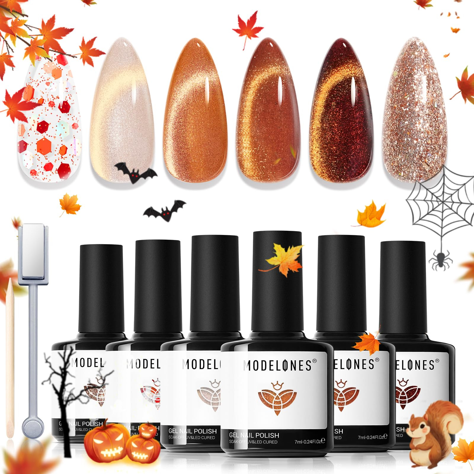 modelones Gel Nail Polish Set, 6 Fall Colors 2025 Halloween Nude Brown Yellow Burnt Orange 9D Cat... | Amazon (US)