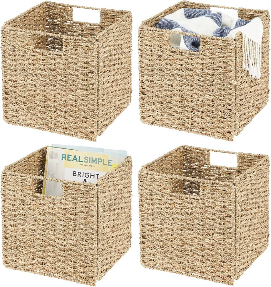 Amazon.com: mDesign Seagrass Woven Cube Basket Organizer with Handles - Storage for Bedroom, Offi... | Amazon (US)