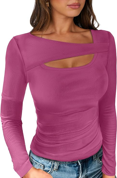 ANRABESS Womens Ribbed Cutout Long Sleeve Shirts | Soft Stretch Tops, Basic Layering Tees, Casual... | Amazon (US)