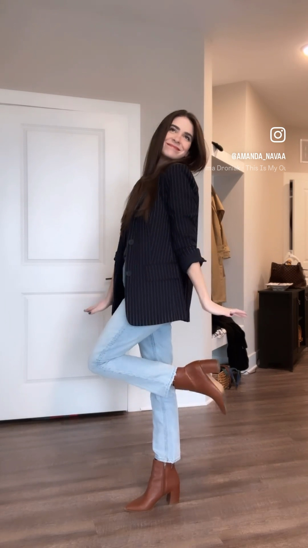 Outfit of the day, work outfit, work style, what to wear to work, Steve Madden boots, pinstrip blazer, business casual style, GRLFRND denim, work outfits, graphic, light wash denim 

#LTKworkwear #LTKstyletip #LTKshoecrush